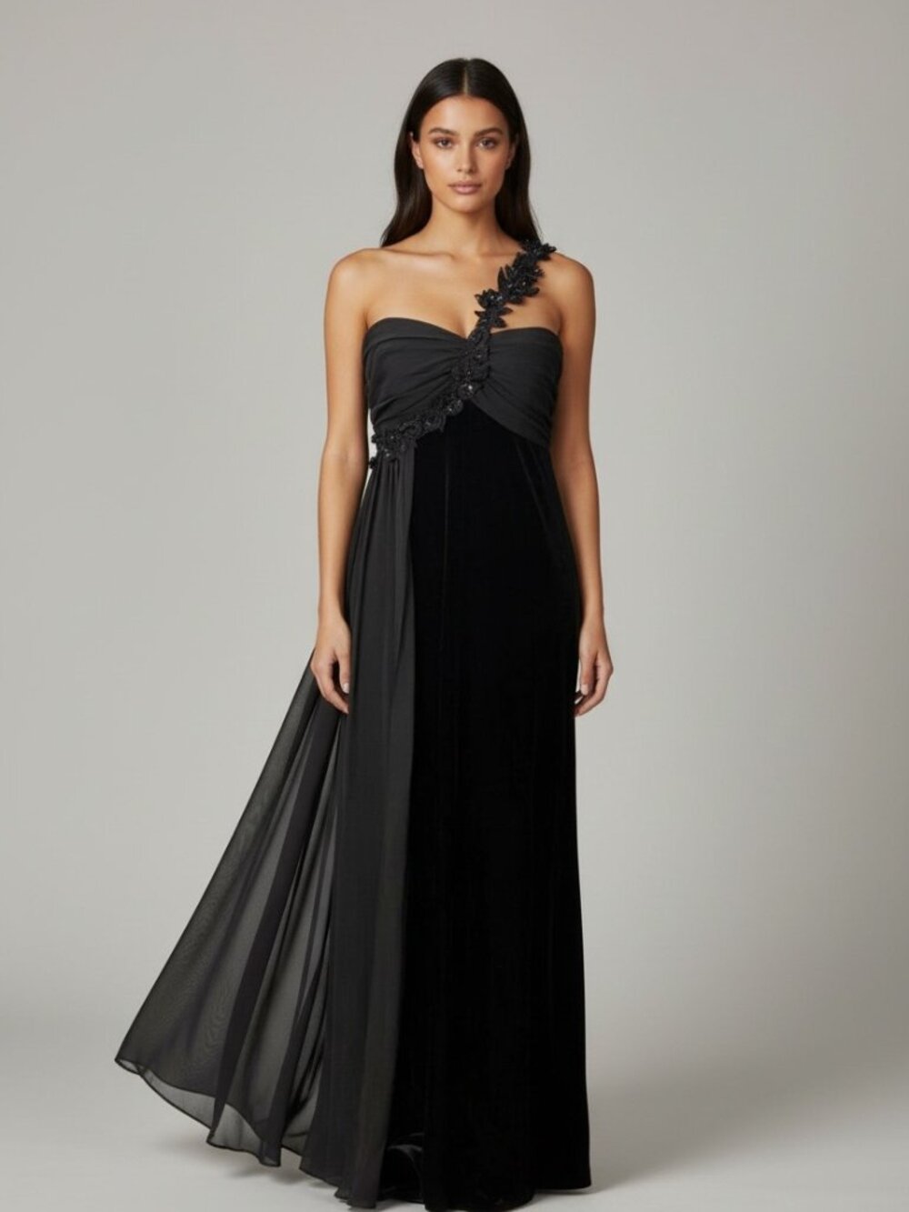 Nightway Black Velvet One Shoulder Gown Sz 10 Beaded Formal Evening Dress